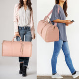 Pink Convertible Garment Duffel Bag with Leather Accents - Travel Weekender Bag for Suits and Dresses - 45-Degree Angle