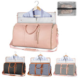 Blue Stripe Convertible Garment Duffel Bag with Leather Accents - Travel Weekender Bag for Suits and Dresses - Front View