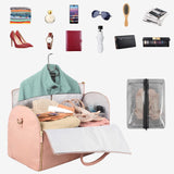 Blue Stripe Convertible Garment Duffel Bag with Leather Accents - Travel Weekender Bag for Suits and Dresses - Close-Up Angle