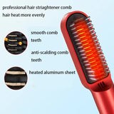 Red Wireless 2-in-1 Ceramic Hair Straightener & Curler - Portable Travel Hot Comb, Rechargeable Hair Styling Tool - Top-Down View