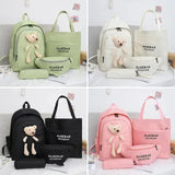 White Cute Little Bear Girls' Backpack Set - Korean Style Large Capacity School Bag for High School & Middle School Students, 4-Piece Set - 45-Degree Angle