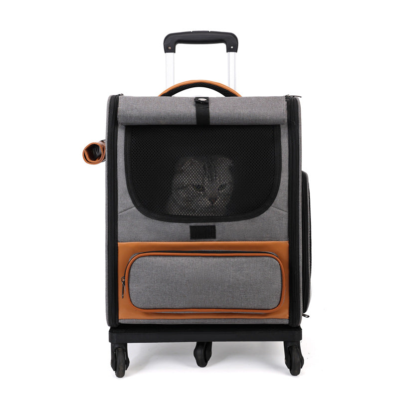 Grey Large Capacity Breathable Foldable Pet Trolley ??Travel Cat Carrier with Wheels, Portable, Spacious, and Convenient for Two Cats