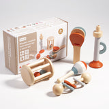 Wooden Orff Instrument Set for Kids – Includes Rattle, Maraca, Bell, Trumpet, and Bed Bell – Early Learning Musical Toy for Toddlers - Side View
