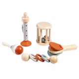 Wooden Orff Instrument Set for Kids – Includes Rattle, Maraca, Bell, Trumpet, and Bed Bell – Early Learning Musical Toy for Toddlers - Top-Down View