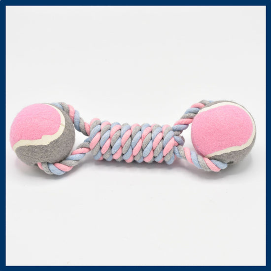 2 PCS Pink Durable Cotton Rope and Tennis Ball Dog Toy Set ??Chew Resistant Tug Toys with Rope Dumbbell ??Perfect for Dogs of All Sizes