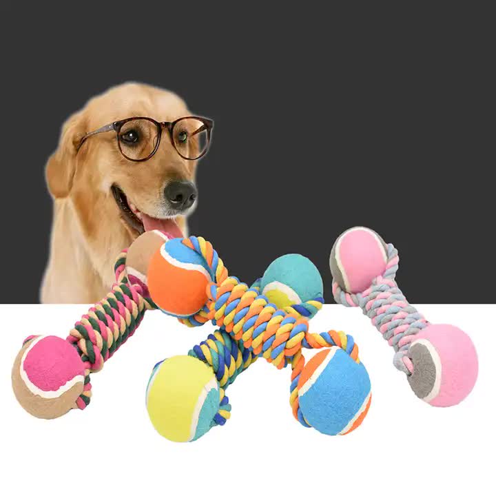 2 PCS Pink Durable Cotton Rope and Tennis Ball Dog Toy Set ??Chew Resistant Tug Toys with Rope Dumbbell ??Perfect for Dogs of All Sizes