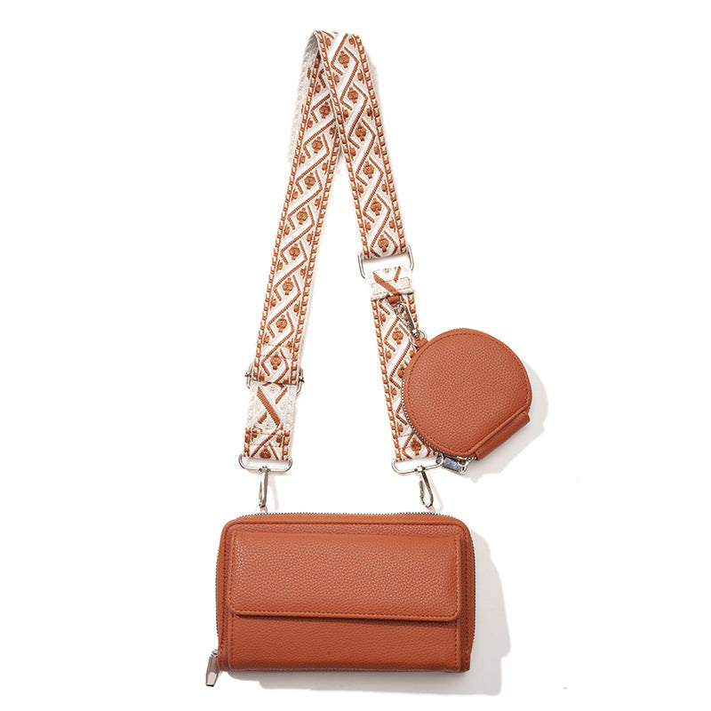 Brown 2-piece combination new mobile phone shoulder bag niche design one-shoulder messenger bag mobile phone bag multi-function wide shoulder strap
