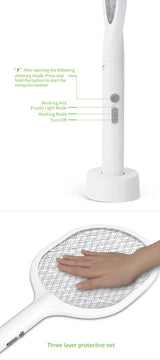 White Rechargeable Electric Mosquito Racket - 2-in-1 Mosquito Killer with Lithium Battery, Fly Swatter & Mosquito Zapper for Home Use - 45-Degree Angle