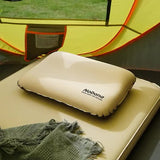 Dark Green Automatic Inflatable 3D Outdoor Sponge Pillow - Portable Camping Travel Neck Cushion, Comfortable Air Mattress for Tent, Versatile Nap Pillow - Front View