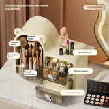 Brown Rotating Desktop Cosmetic Organizer – High-End Dustproof Wall-Mounted Storage Box with Drawer for Vanity, Makeup and Toiletries - Side View