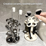 Silver Gray Creative Ceramic Toothbrush Holder - Makeup Brush & Eyebrow Pencil Organizer for Bathroom, Stylish and Practical Toothbrush Stand - Front View