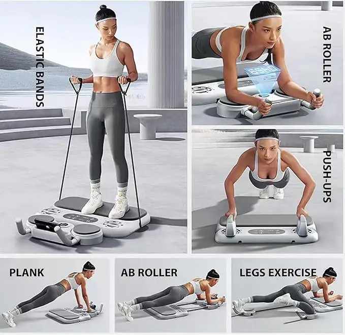 Grey 6-in-1 Multifunctional Fitness Board ??Ab Wheel, Automatic Rebound, Fat Burning and Core Strengthening Home Workout Equipment