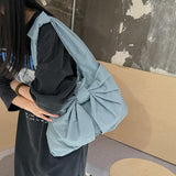 White Women's Bowknot Shoulder Bag - New Sweet Style, Large Capacity Canvas Tote Bag, Commuter Single Shoulder Handbag - Top-Down View