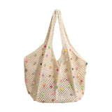 White Summer Woven Handbag – Hollow Straw Beach Tote with Colorful Beads, Lazy Style, Large Capacity Shoulder Bag for Vacation