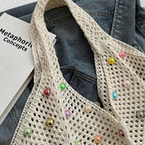 White Summer Woven Handbag – Hollow Straw Beach Tote with Colorful Beads, Lazy Style, Large Capacity Shoulder Bag for Vacation - Front View