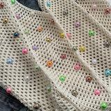 White Summer Woven Handbag – Hollow Straw Beach Tote with Colorful Beads, Lazy Style, Large Capacity Shoulder Bag for Vacation - Side View