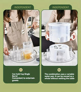 Water Bottle + 4 Cups Large Capacity Rotating Beverage Dispenser with Faucet, Multi-Compartment Refrigerator Water Jug for Juice, Tea, and Drinks - 45-Degree Angle
