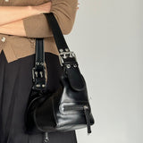 Black Trendy Punk Shoulder Bag, Small Retro Handbag with Sweet Cool Aesthetic, Versatile Underarm Bag - Front View