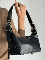 Black Trendy Punk Shoulder Bag, Small Retro Handbag with Sweet Cool Aesthetic, Versatile Underarm Bag - Top-Down View
