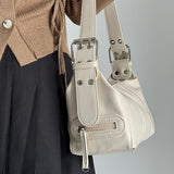 White Trendy Punk Shoulder Bag, Small Retro Handbag with Sweet Cool Aesthetic, Versatile Underarm Bag - Top-Down View