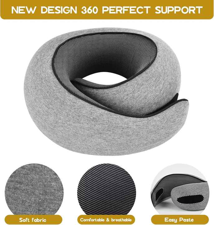 Light Gray Velcro Tape Memory Foam U-Shaped Neck Pillow - Snail Travel Cushion for Airplane, Office Nap, and Travel - Adjustable with Magnetic Therapy