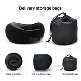 Black Buckle Tape Memory Foam U-Shaped Neck Pillow - Snail Travel Cushion for Airplane, Office Nap, and Travel - Adjustable with Magnetic Therapy Cloth - Front View