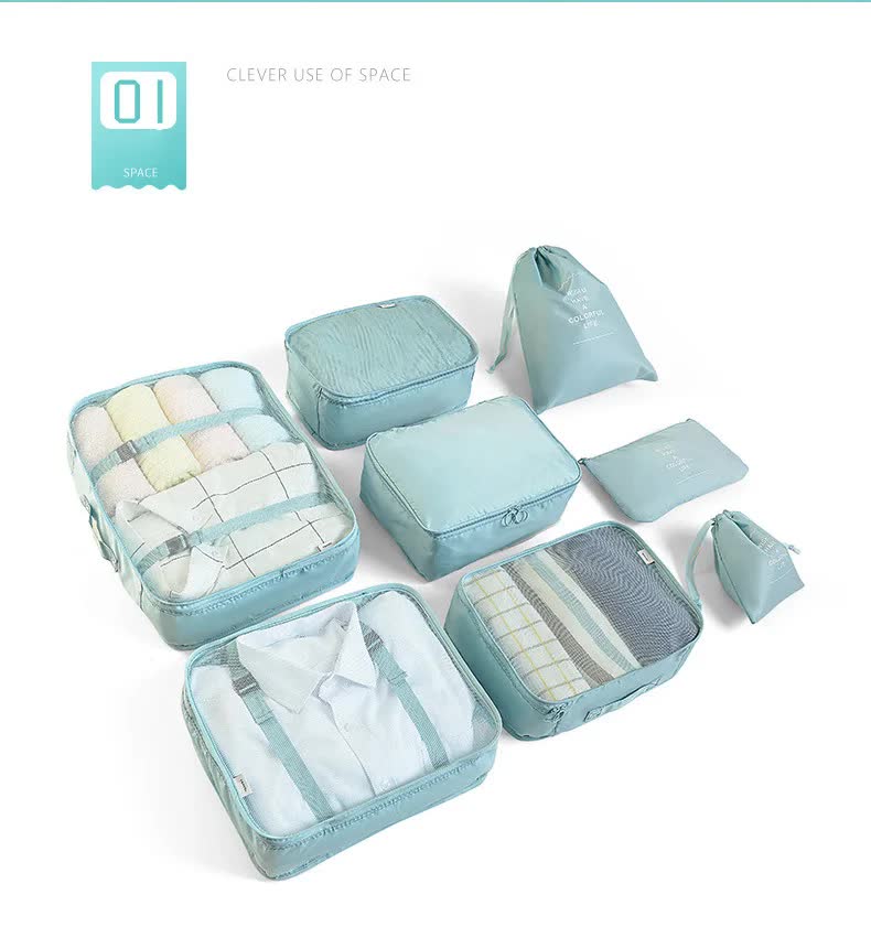 Beige 8-Piece Travel Organizer Set - Packing Bags for Clothes, Shoes, Underwear, and Toiletries with Drawstring and Zip Pouches