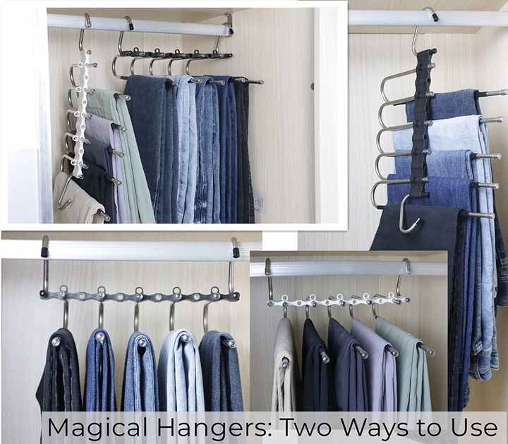 2 PCS Black Stainless Steel Foldable Pants Hanger ??Multi-Layer Non-Slip Closet Organizer for Clothes and Trousers