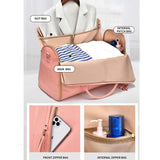 Pink  PU Leather Foldable Garment Bag, Women's Travel Duffel with Suit Carrier, Multi-Function Storage - 45-Degree Angle
