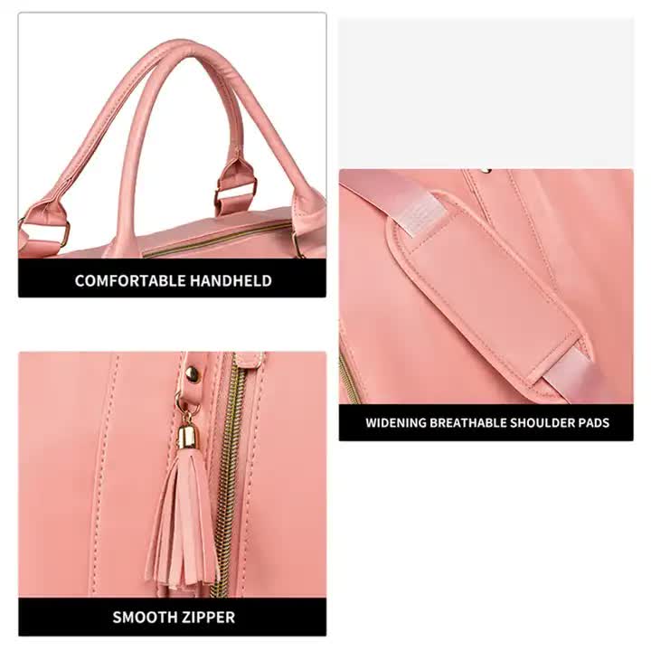 Pink PU Leather Foldable Garment Bag, Women's Travel Duffel with Suit Carrier, Multi-Function Storage