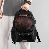 Black Large Capacity Sports Backpack, Waterproof Basketball & Soccer Bag, Separate Shoe Compartment, Student Backpack - 45-Degree Angle