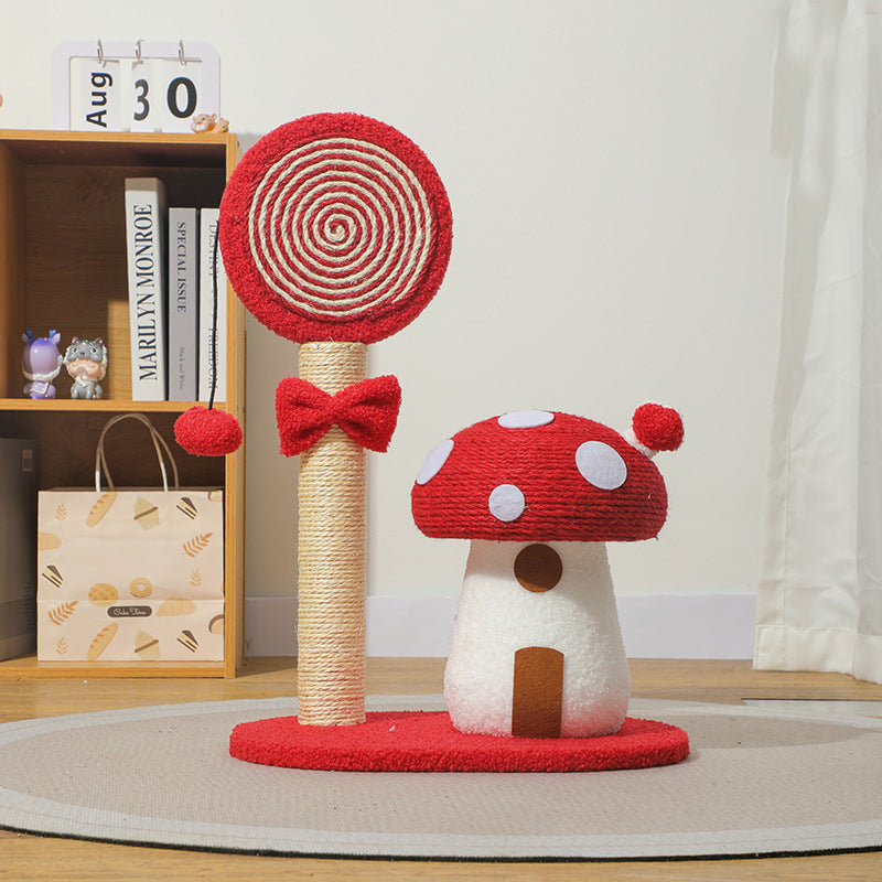 Red Durable Mushroom Cat Scratching Post - Anti-Slip, No Debris Cat Scratch Pad with Sofa Protection for