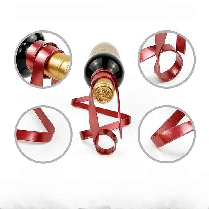 Red Modern Ribbon Wine Bottle Holder - Creative Floating Wine Rack for Home and Bar D?cor