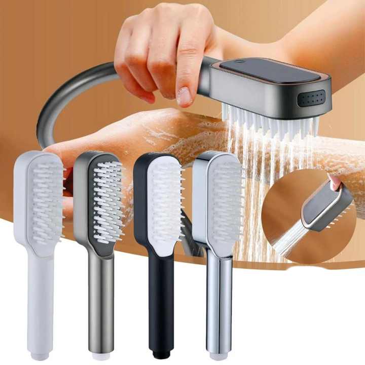 Silver Handheld Shower Head with Silicone Brush and Massage Function ??High-Pressure Water Spray