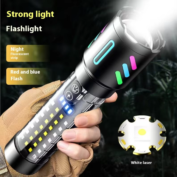 LED Rechargeable Laser Flashlight ??Multifunctional Type-C Strong Light Torch with Adjustable Zoom