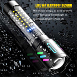 LED Rechargeable Laser Flashlight – Multifunctional Type-C Strong Light Torch with Adjustable Zoom - Side View