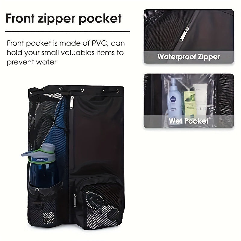 Black Mesh Drawstring Swim Backpack with Wet Pocket ??Lightweight Beach, Gym, Outdoor Sports Bag ??245g