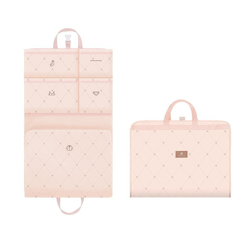 Light Pink Travel Storage Organizer Bag - Multi-Compartment Lightweight Foldable Luggage Organizer for Clothes, Underwear, and Accessories - Portable