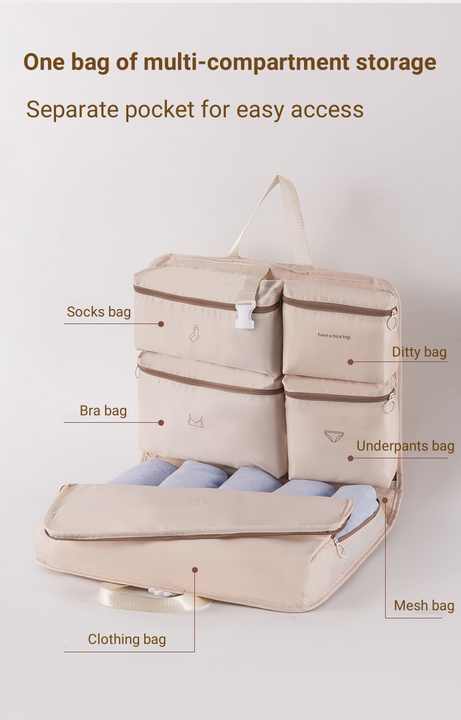 Light Pink Travel Storage Organizer Bag - Multi-Compartment Lightweight Foldable Luggage Organizer for Clothes, Underwear, and Accessories - Portable