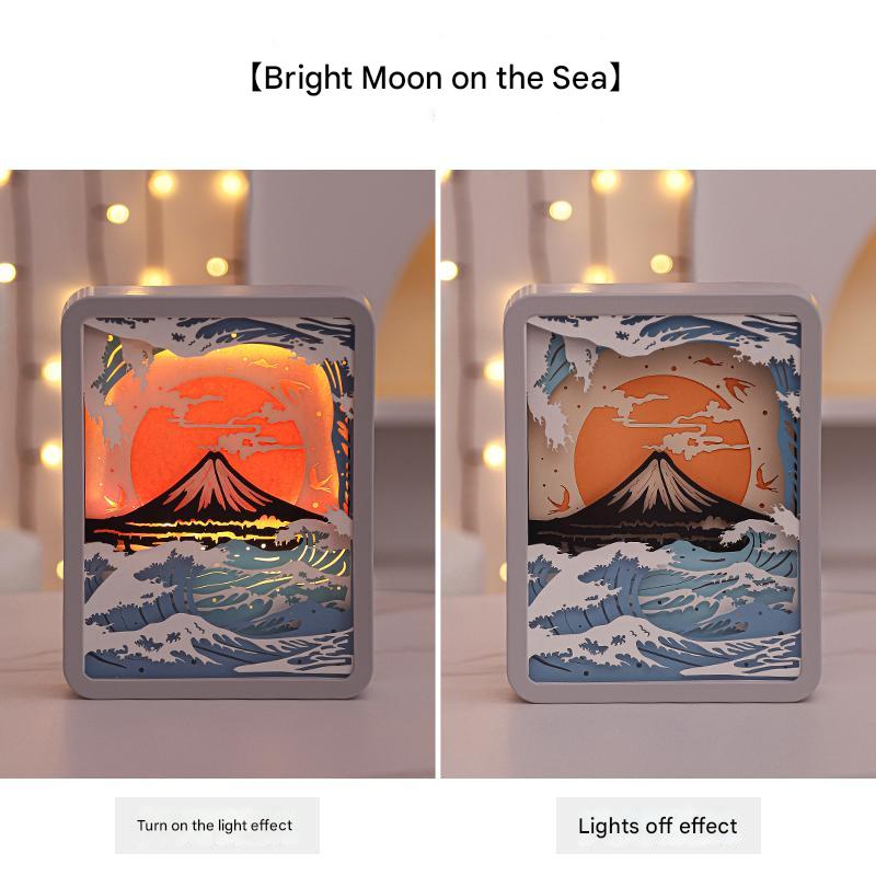 Moon Over The Sea 3D Paper Carving Night Light - USB Or Battery Powered Decorative Bedside Lamp | Atmosphere Lamp for Bedroom | Creative Starry Night
