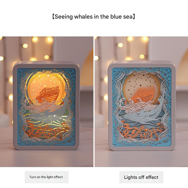 Whale Watching In The Blue Sea 3D Paper Carving Night Light - USB Or Battery Powered Decorative Bedside Lamp | Atmosphere Lamp for Bedroom | Creative