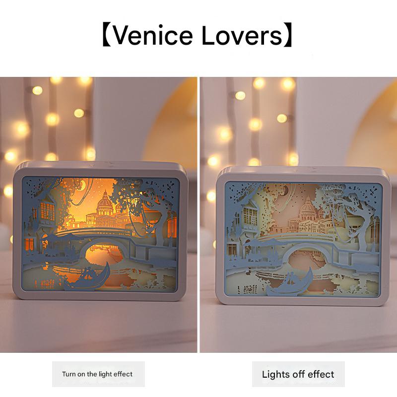 Venice Lovers 3D Paper Carving Night Light - USB Or Battery Powered Decorative Bedside Lamp | Atmosphere Lamp for Bedroom | Creative Starry Night and