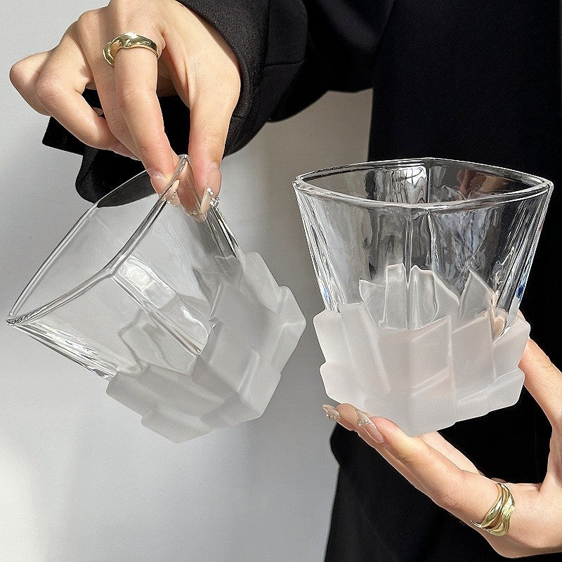 4 Pcs Frosted Ice Cube Glass ??Creative Whiskey Glass, Premium Textured Tumbler, 300ml Capacity for Home Bars