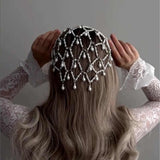Silver Bohemian Pearl Net Headband – Vintage Mesh Hair Accessory for Women | Elegant Faux Pearl Bridal Hairpiece - Front View