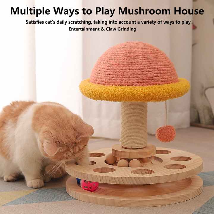 Large Pink Interactive Cat Scratching Post with Ball Track  Fun Mushroom-Shaped Cat Toy for Play, Scratching, and Entertainment