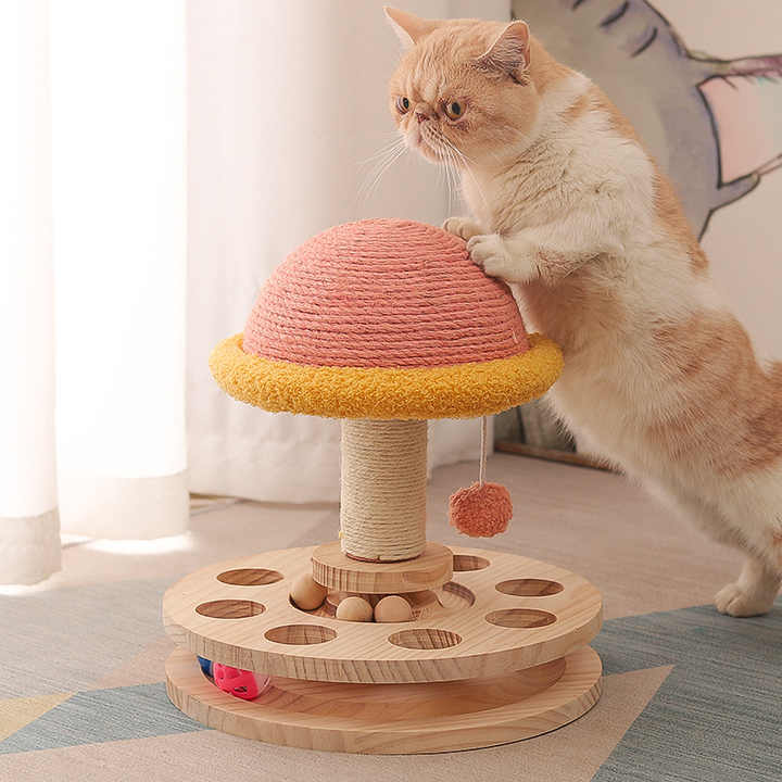 Large Pink Interactive Cat Scratching Post with Ball Track  Fun Mushroom-Shaped Cat Toy for Play, Scratching, and Entertainment