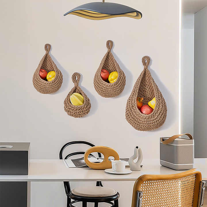 Khaki 3-Piece Wall-Mounted Cotton Rope Storage Baskets ??Large, Medium, and Small Hand-Woven Fruit/Vegetable/Storage Nets (Large weight 300g, Medium