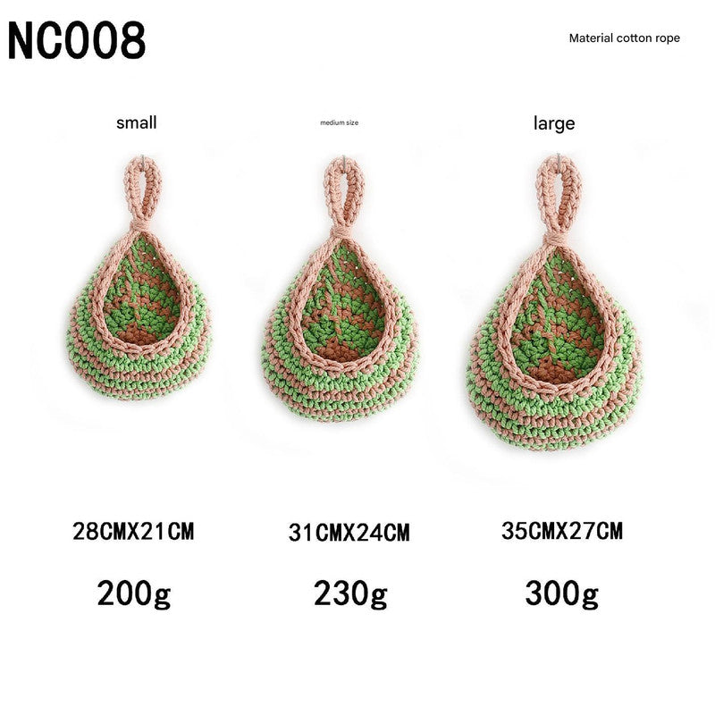 Green And Pink 3-Piece Wall-Mounted Cotton Rope Storage Baskets ??Large, Medium, and Small Hand-Woven Fruit/Vegetable/Storage Nets (Large weight 300g,