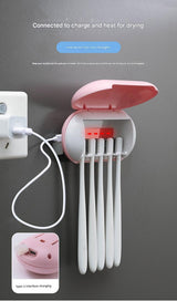 Cyan Wall-Mounted Toothbrush Sterilizer with UV-C Disinfection and Drying - USB Rechargeable, Family 5-Brush Holder, ABS Material - Top-Down View