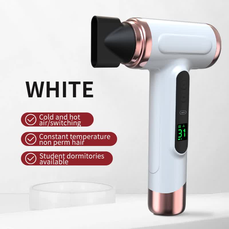 White Wireless Hair Dryer with Cold & Hot Air, Portable Large-Capacity Rechargeable Ionic Dryer, Fas